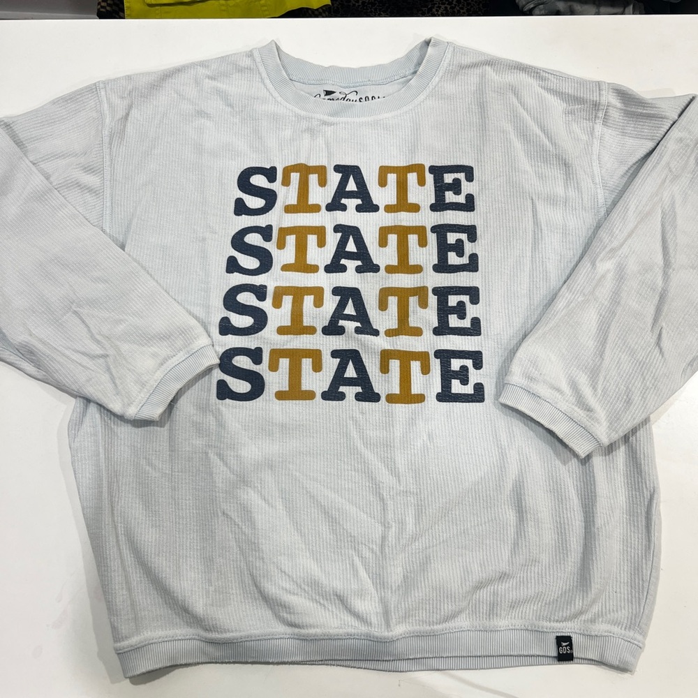 GameDay Social Light Blue Waffle Knit Sweater with State Graphic, size
